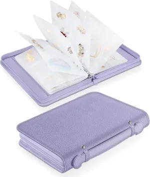 Jewelry Travel Organizer Case, PU Leather Portable Jewelry Storage Book with Transparent Pockets Zipper Bag for Necklaces, Earrings, Bracelets(48 Grids 48 Thicken PVC Bags), Lilac Purple