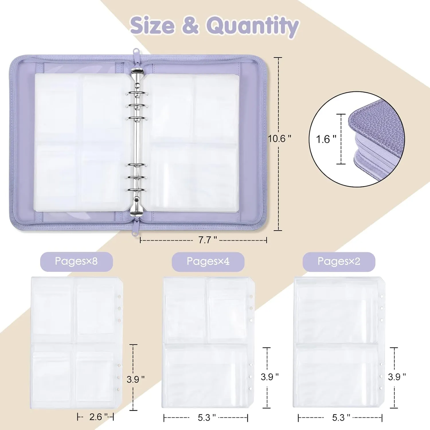 Jewelry Travel Organizer Case, PU Leather Portable Jewelry Storage Book with Transparent Pockets Zipper Bag for Necklaces, Earrings, Bracelets(48 Grids 48 Thicken PVC Bags), Lilac Purple
