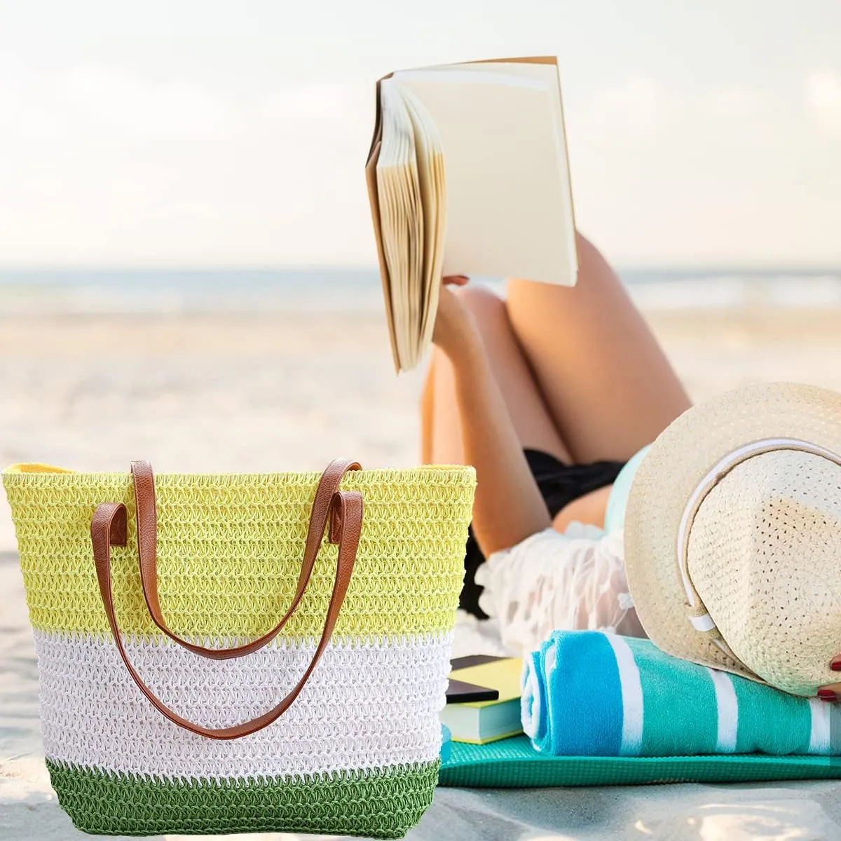 JNF Large Colorful Beach Bags for Women Straw Beach Tote bag Rattan Woven Crochet Beach Bags Boho Beach Towels Bag Set