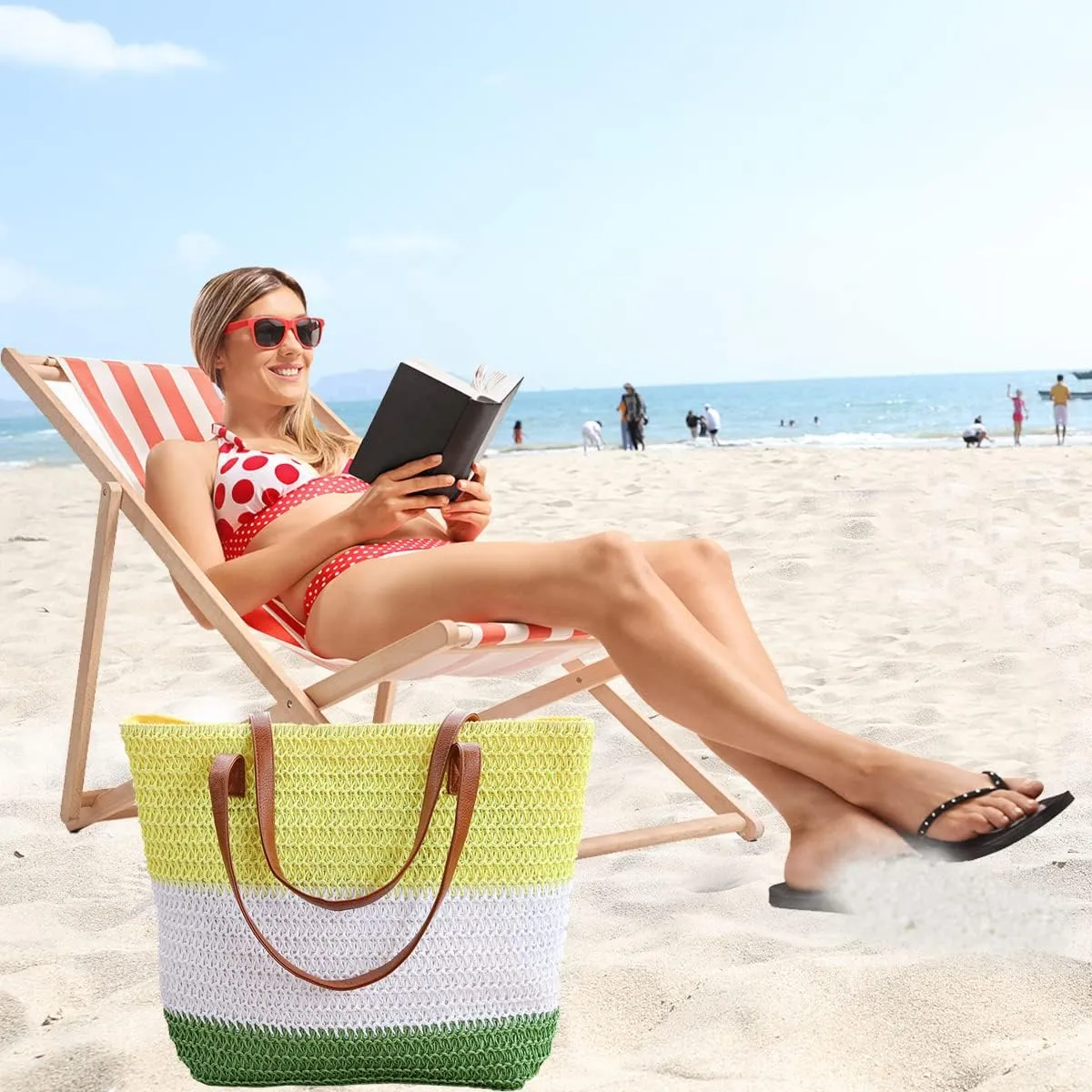 JNF Large Colorful Beach Bags for Women Straw Beach Tote bag Rattan Woven Crochet Beach Bags Boho Beach Towels Bag Set