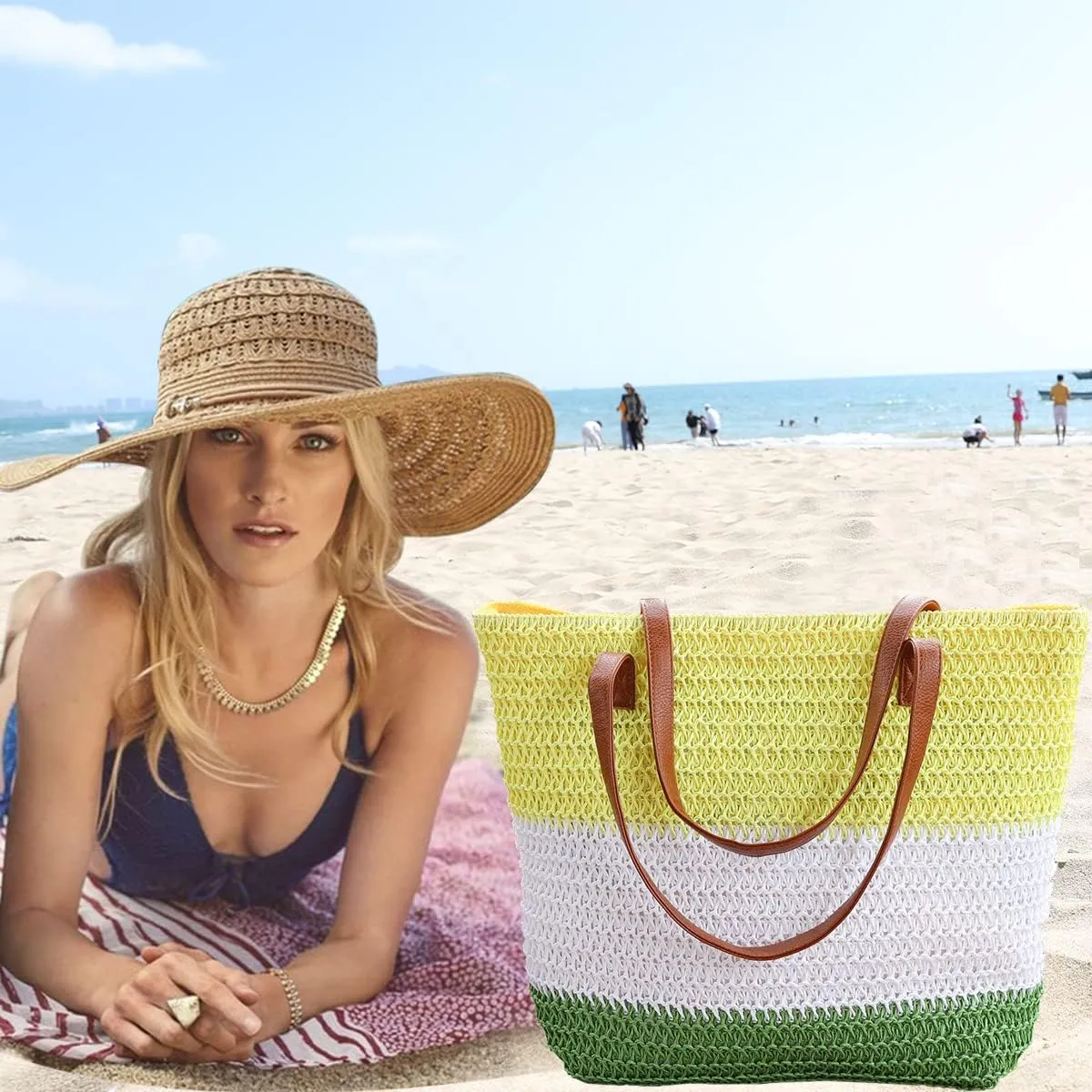 JNF Large Colorful Beach Bags for Women Straw Beach Tote bag Rattan Woven Crochet Beach Bags Boho Beach Towels Bag Set