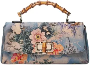 Johnature Cheongsam Leather Handbag Vintage Print Women Bag Handmade Elegan Ladies Shoulder & Crossbody Bags