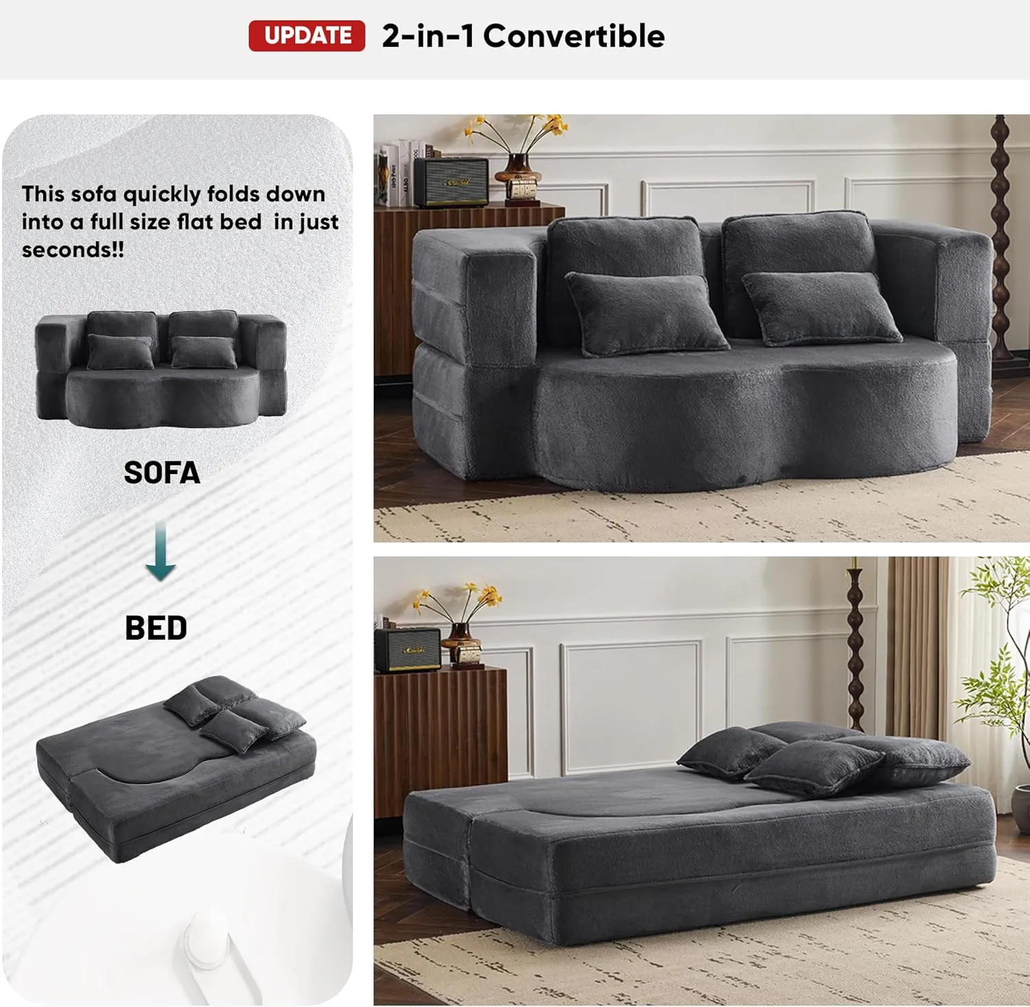 JOYBASE 78in Sofa Couch Convertible Oversized Cloud Loveseat Minimalist Sleeper Sofa Bed for Living Room, Apartment, Office, No Assembly Required (Dark Grey)