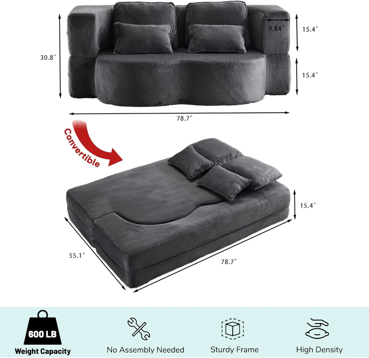 JOYBASE 78in Sofa Couch Convertible Oversized Cloud Loveseat Minimalist Sleeper Sofa Bed for Living Room, Apartment, Office, No Assembly Required (Dark Grey)