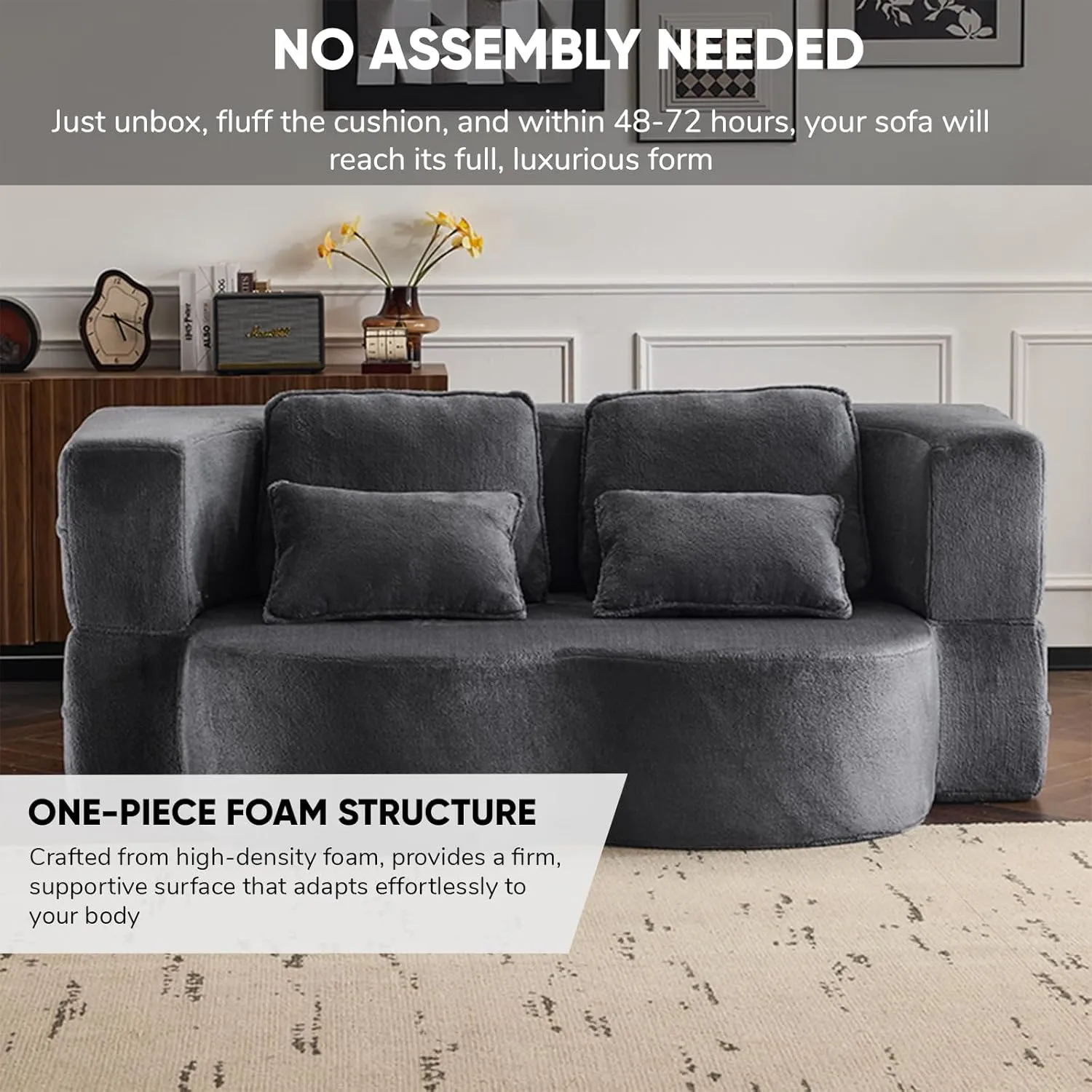 JOYBASE 78in Sofa Couch Convertible Oversized Cloud Loveseat Minimalist Sleeper Sofa Bed for Living Room, Apartment, Office, No Assembly Required (Dark Grey)