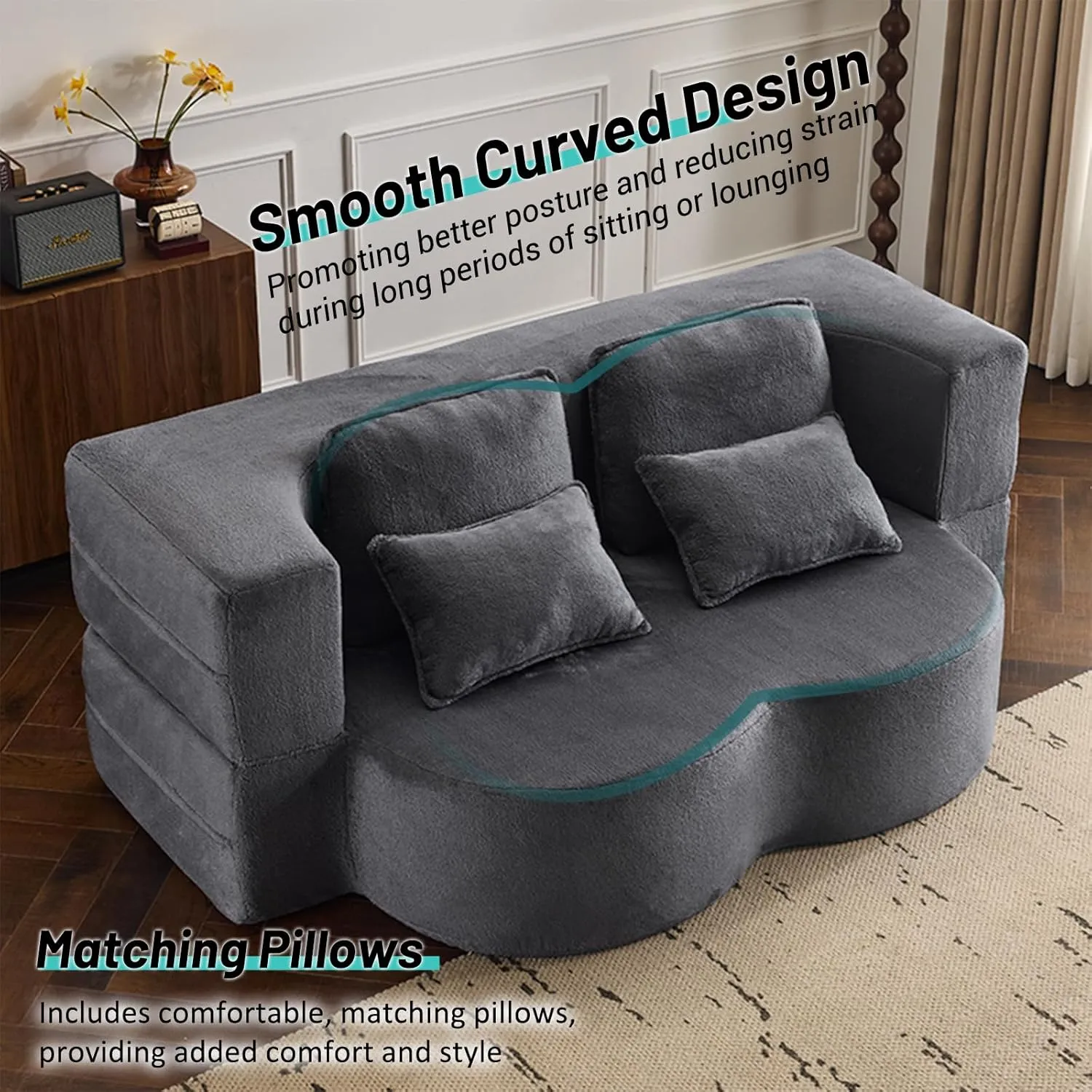 JOYBASE 78in Sofa Couch Convertible Oversized Cloud Loveseat Minimalist Sleeper Sofa Bed for Living Room, Apartment, Office, No Assembly Required (Dark Grey)