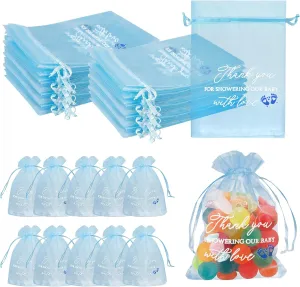 Jspupifip 100 Pcs Baby Shower Thank You Gift Bags Sheer Organza Bags, 4x6 Inch Baby Shower Blue Boy Favor Bags Small Sheer Organza Bags Bulk for Guests Gender Reveal Baby Shower Party Favors