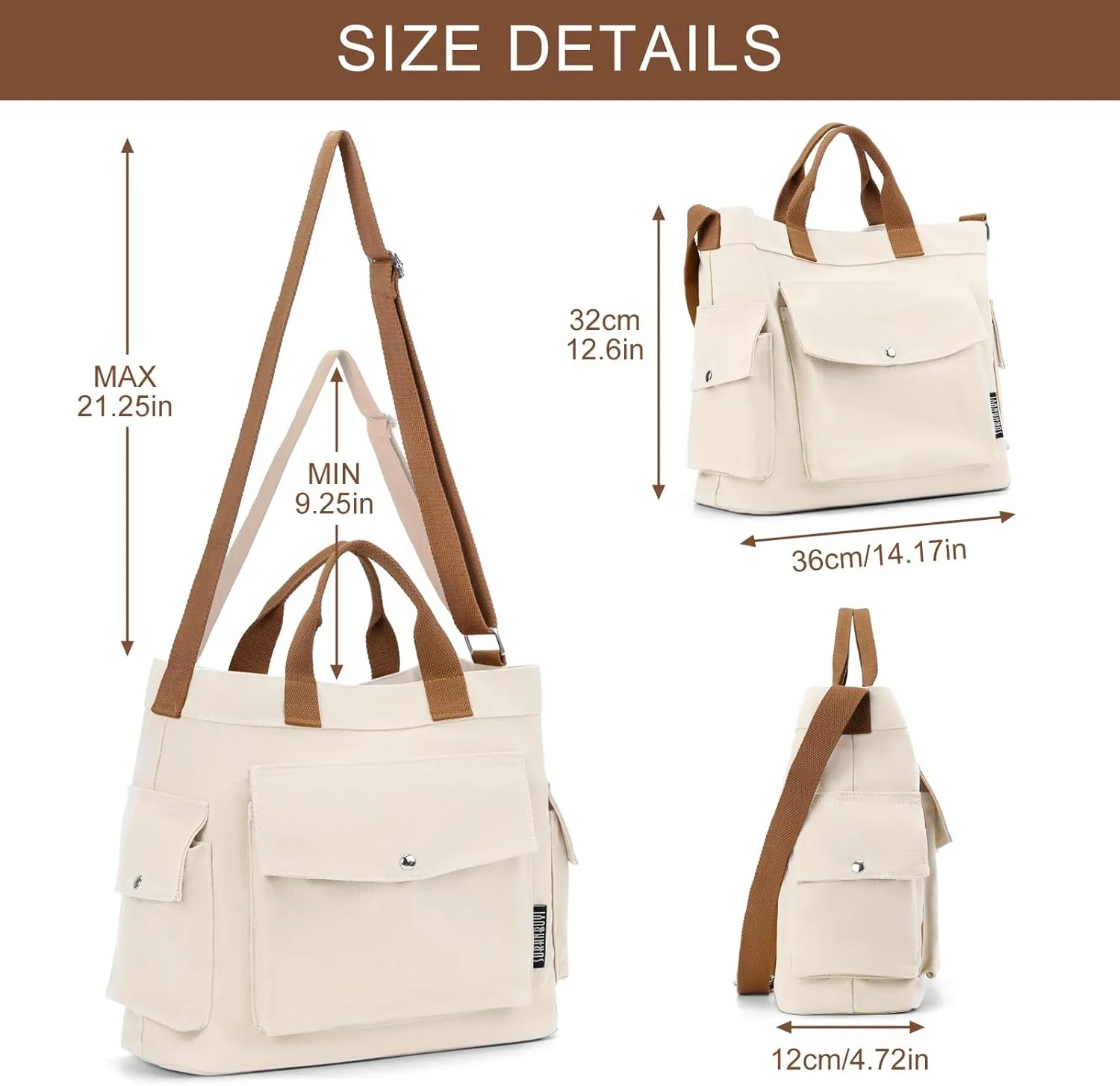 Juoxeepy Canvas Tote Bag with Pockets for Women Crossbody Bag Canvas Shoulder Bag Work Tote Bag Hobo Handbag for Men