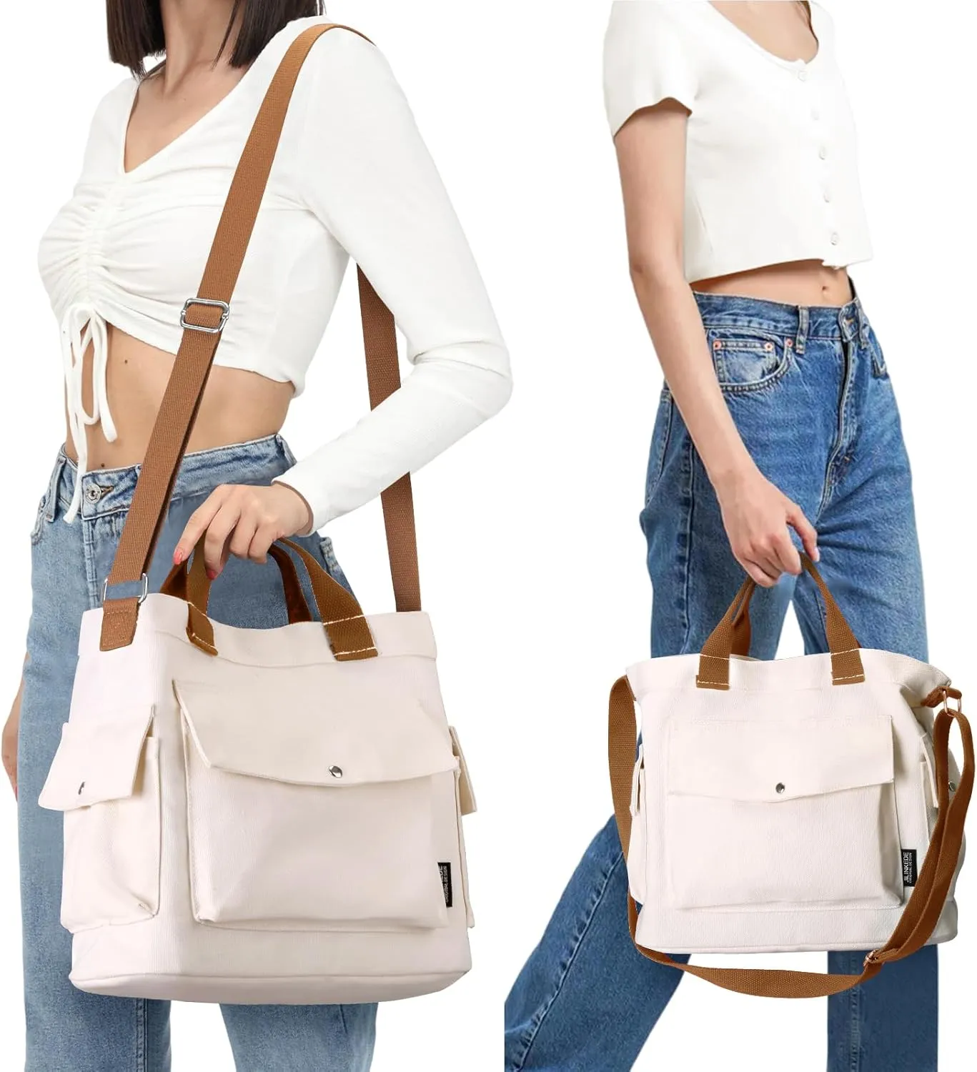 Juoxeepy Canvas Tote Bag with Pockets for Women Crossbody Bag Canvas Shoulder Bag Work Tote Bag Hobo Handbag for Men