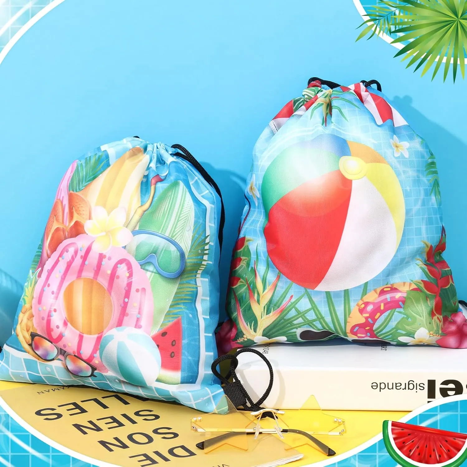 Kacctyen 12 Pcs Pool Beach Drawstring Bags Summer Drawstring Backpack Beach Ball String Birthday Bag Pool Party Decoration (Classic)