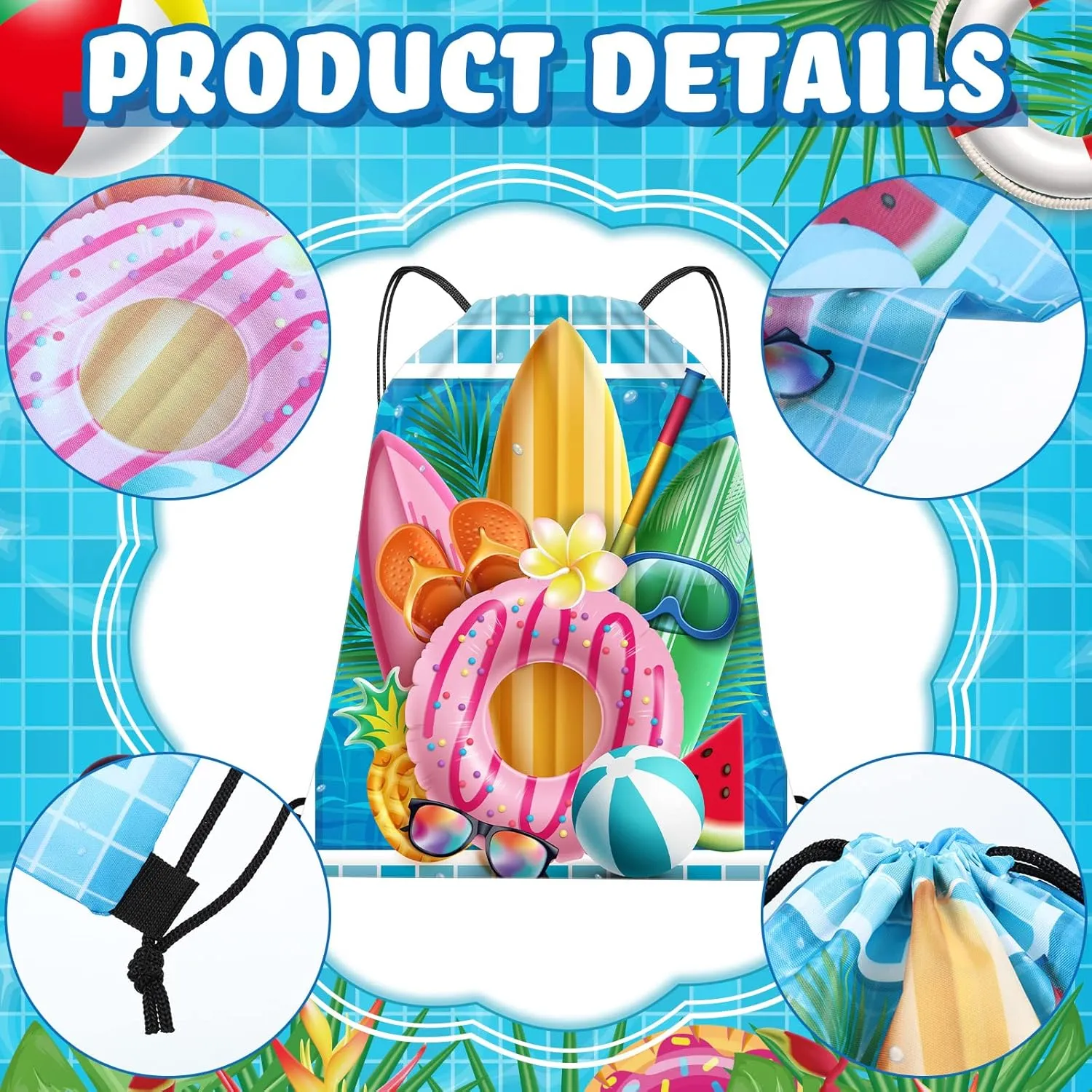 Kacctyen 12 Pcs Pool Beach Drawstring Bags Summer Drawstring Backpack Beach Ball String Birthday Bag Pool Party Decoration (Classic)