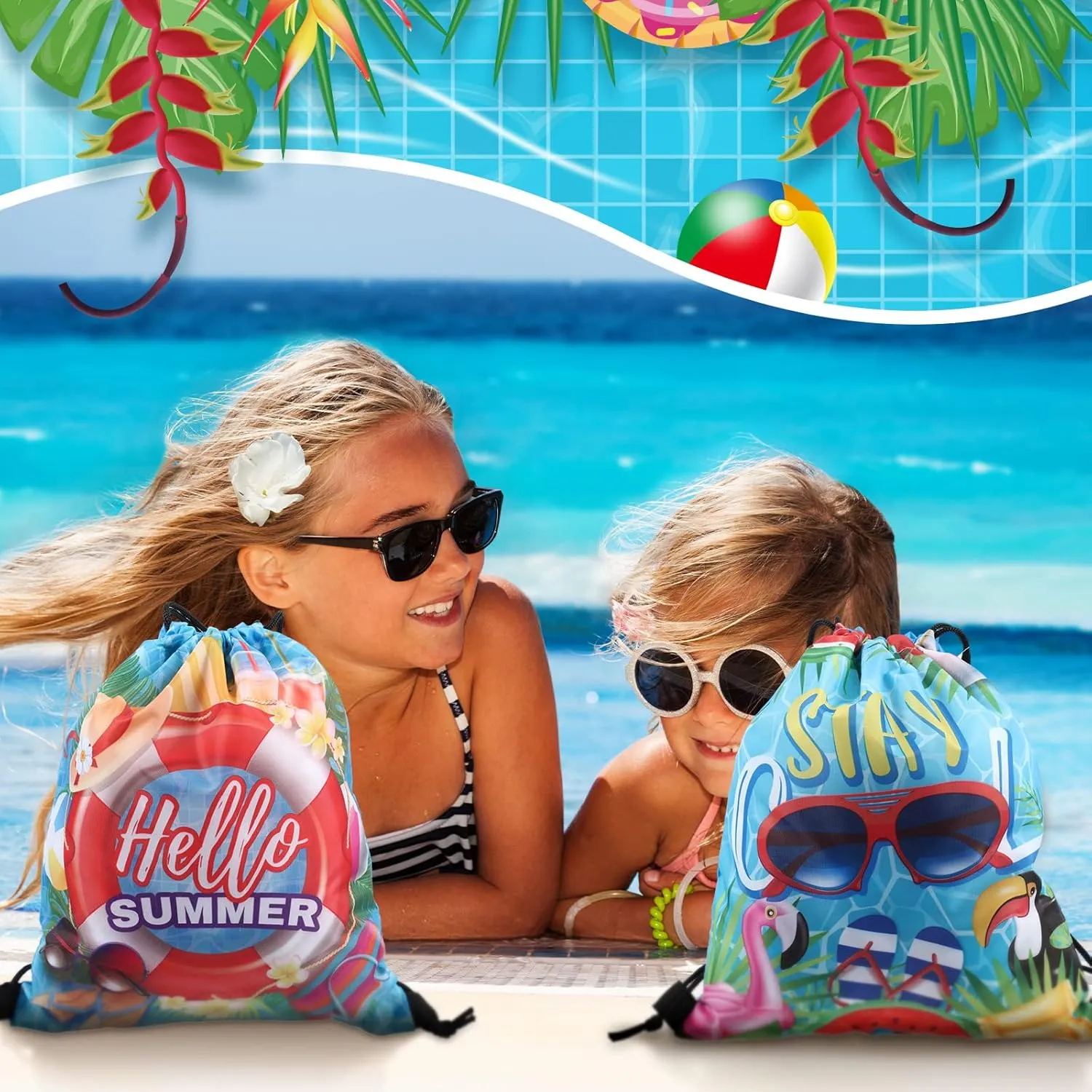 Kacctyen 12 Pcs Pool Beach Drawstring Bags Summer Drawstring Backpack Beach Ball String Birthday Bag Pool Party Decoration (Classic)