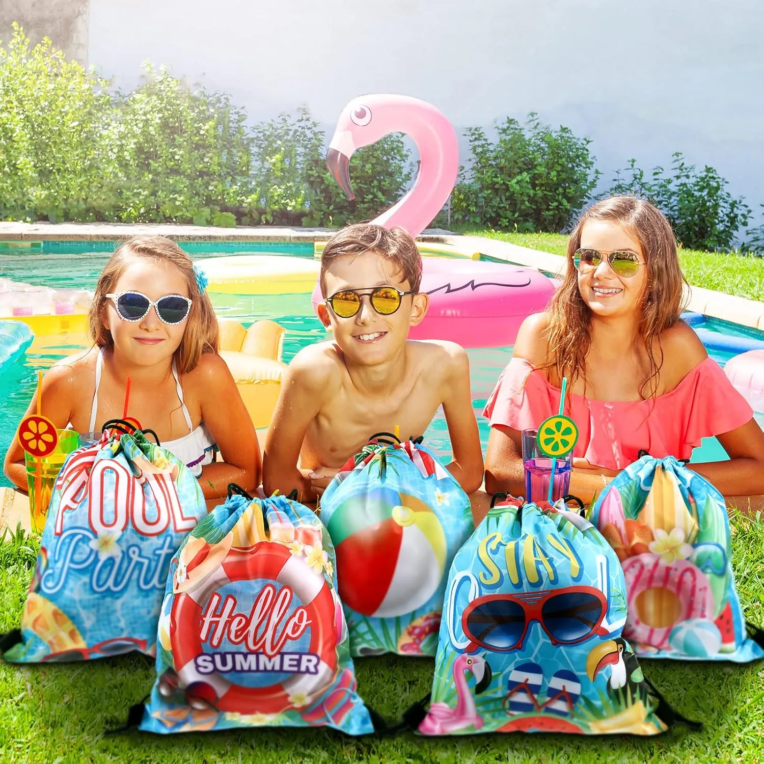 Kacctyen 12 Pcs Pool Beach Drawstring Bags Summer Drawstring Backpack Beach Ball String Birthday Bag Pool Party Decoration (Classic)