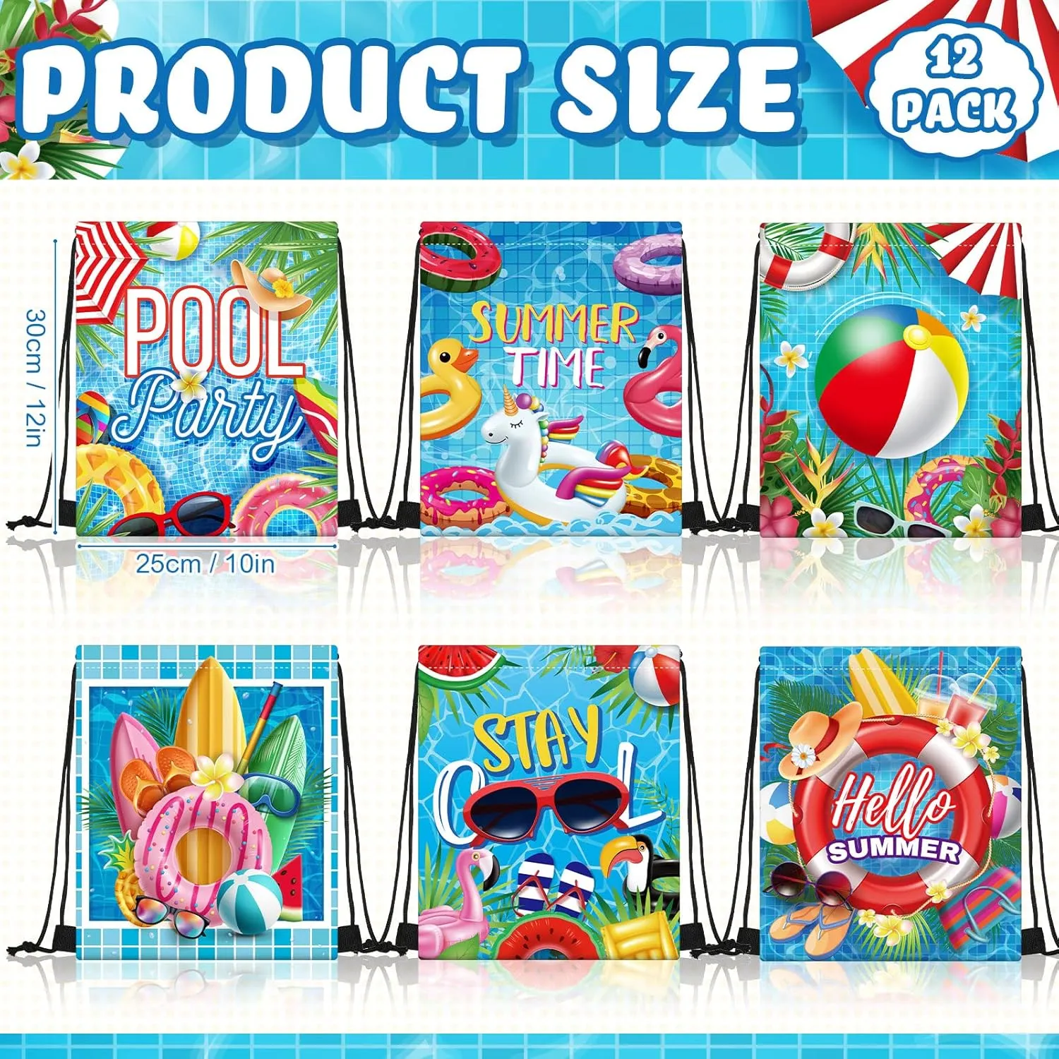 Kacctyen 12 Pcs Pool Beach Drawstring Bags Summer Drawstring Backpack Beach Ball String Birthday Bag Pool Party Decoration (Classic)