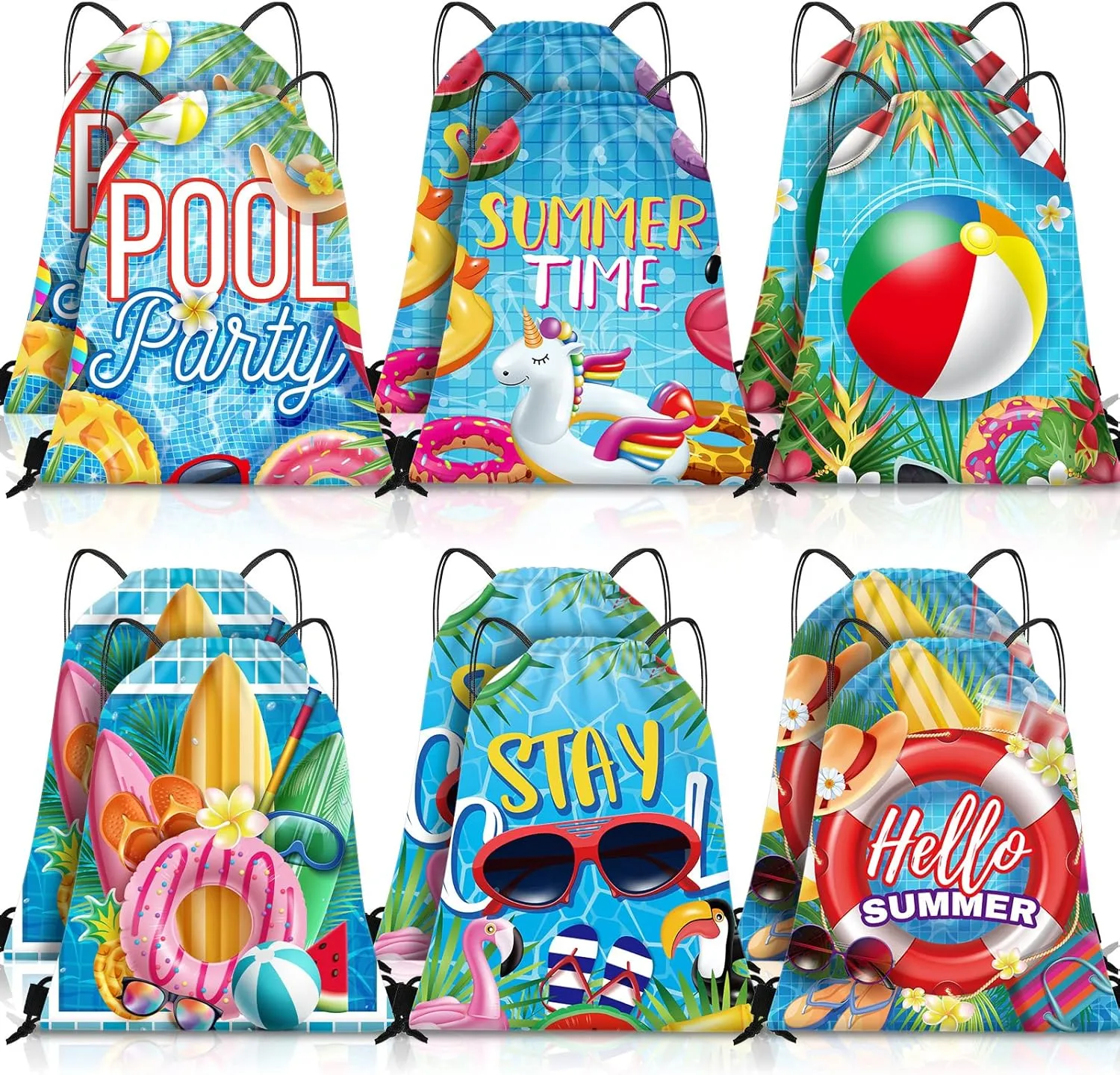 Kacctyen 12 Pcs Pool Beach Drawstring Bags Summer Drawstring Backpack Beach Ball String Birthday Bag Pool Party Decoration (Classic)