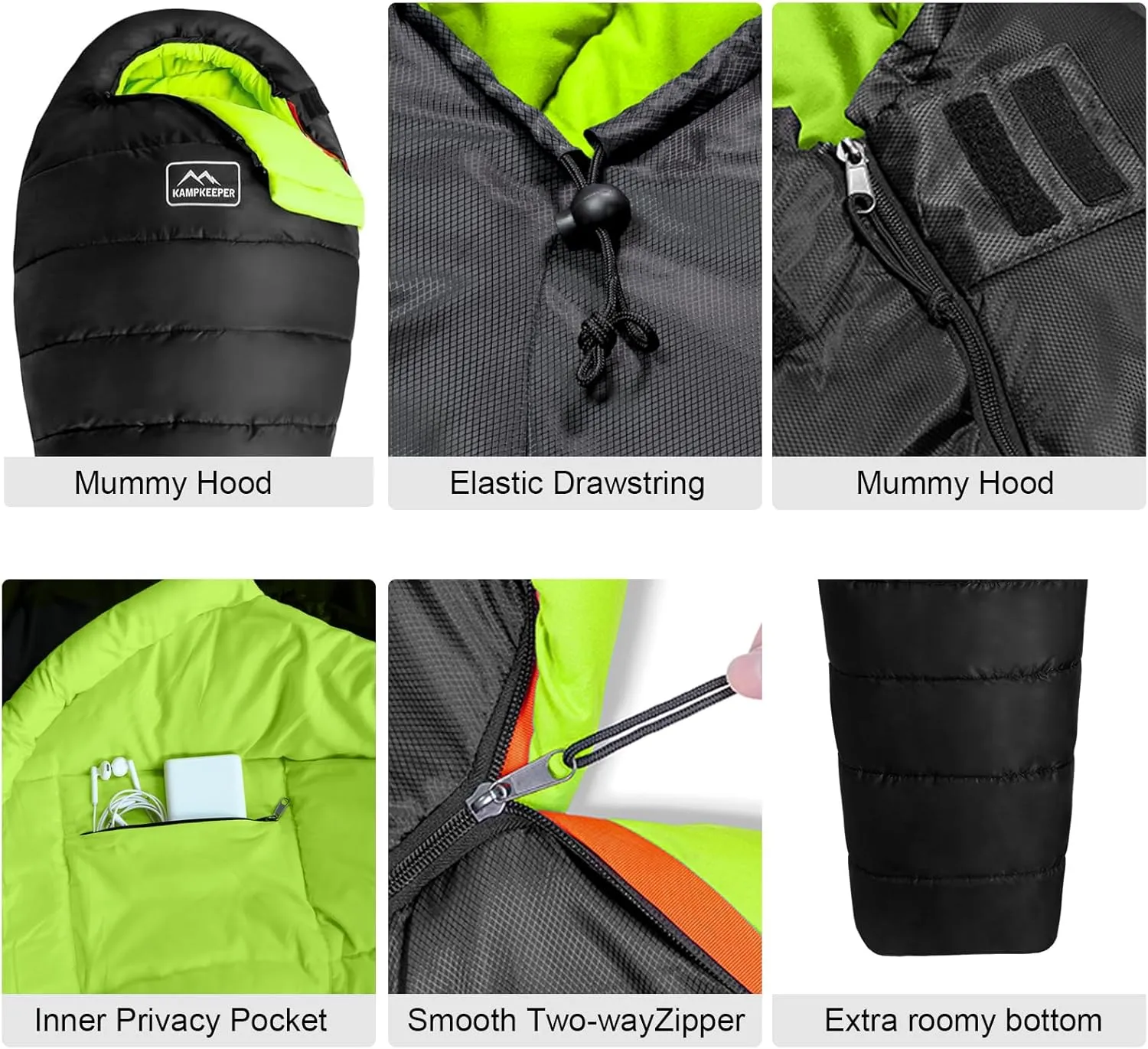 KAMPKEEPER Mummy Sleeping Bag for Adults,3-4 Seasons Cold Weather,Waterproof,Lightweight,Non-Snag Zipper with Adjustable Hood Perfect for Backpacking, Hiking,Camping