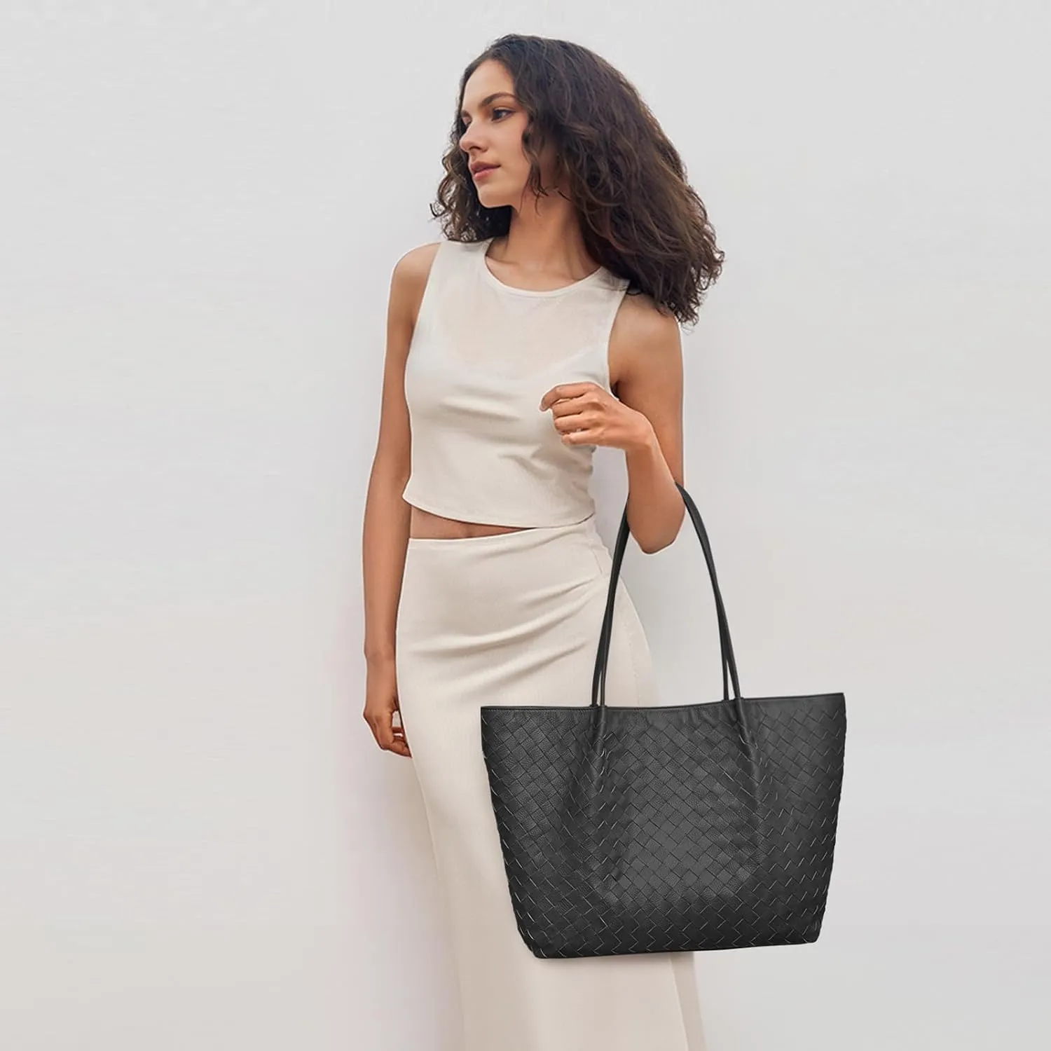 Kattee Woven Tote Handbag for Women, Leather Large Tote Purse for Women Hobo Shoulder Bag Weekender Bags,14L