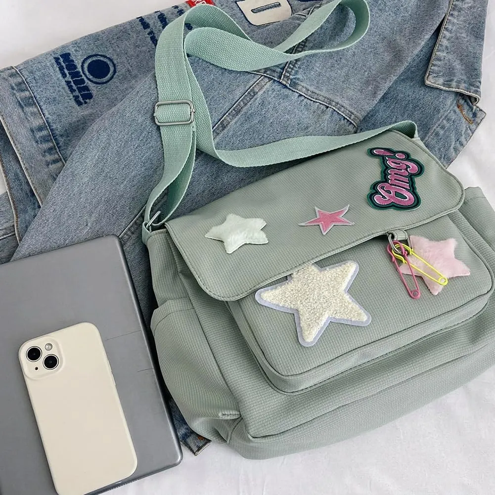 Kawaii Messenger Bag Cute Crossbody Bag Kawaii Aesthetic Shoulder Bag for Women Canvas Flap Messenger Bag