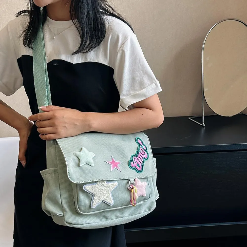 Kawaii Messenger Bag Cute Crossbody Bag Kawaii Aesthetic Shoulder Bag for Women Canvas Flap Messenger Bag