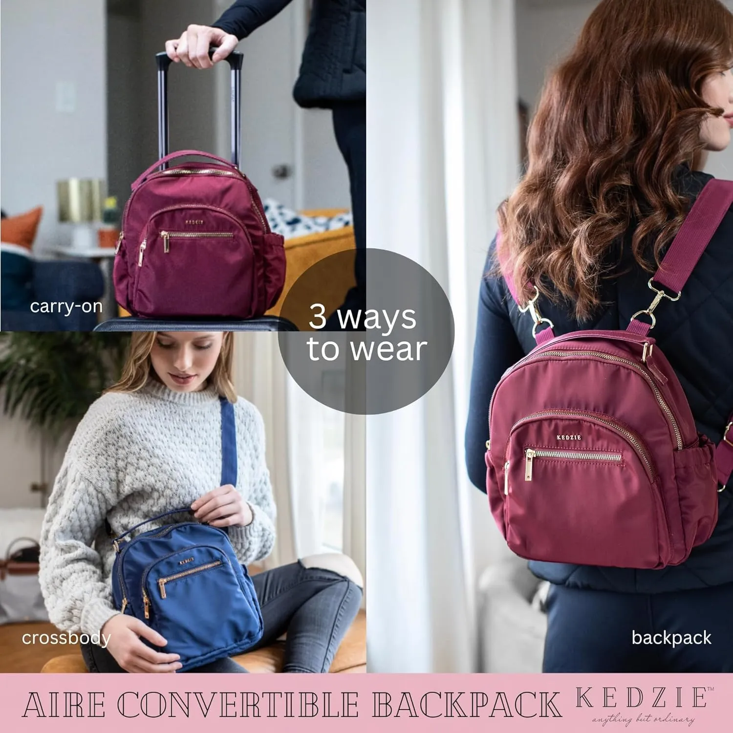 KEDZIE Aire Convertible Backpack Purse Fashion Crossbody Carry On Bag for Women