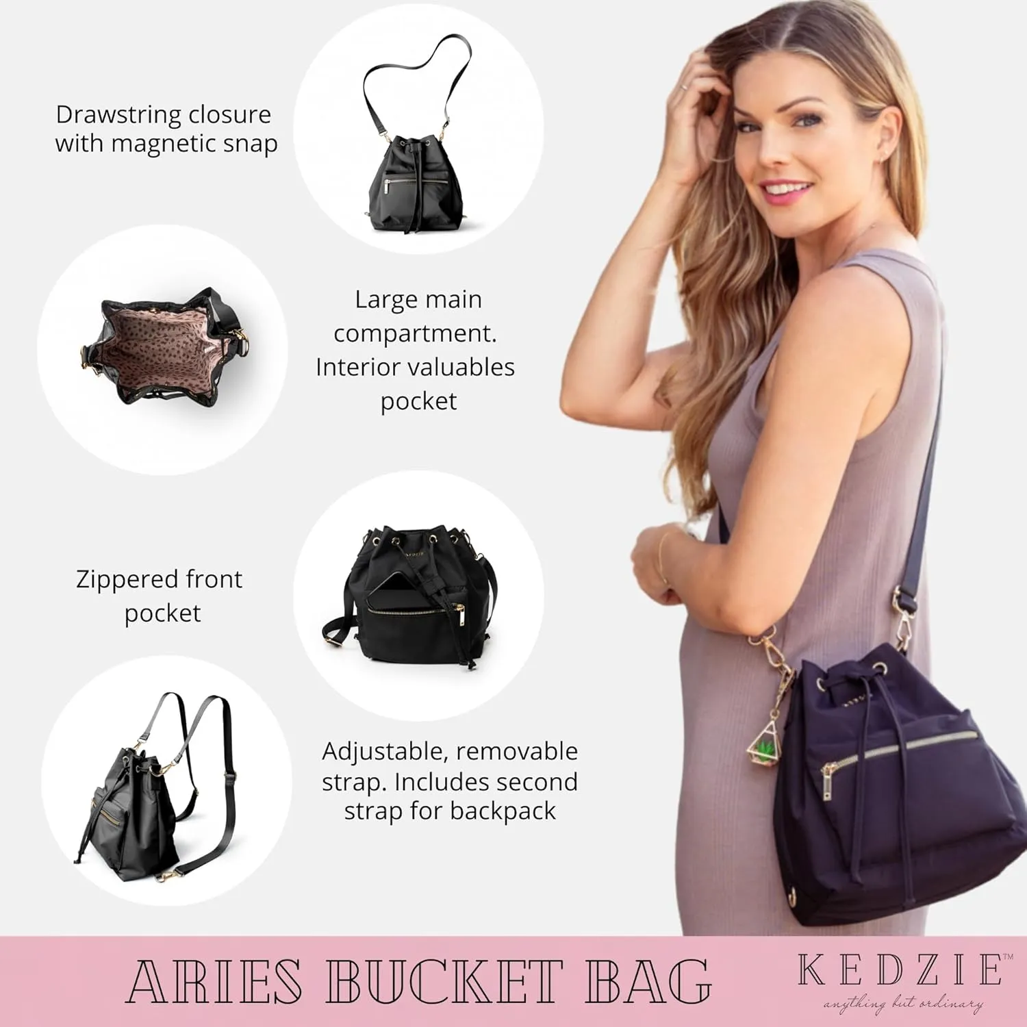 KEDZIE Aries Convertible Bucket Bag 3-Way Backpack Crossbody Strap Purse for Women