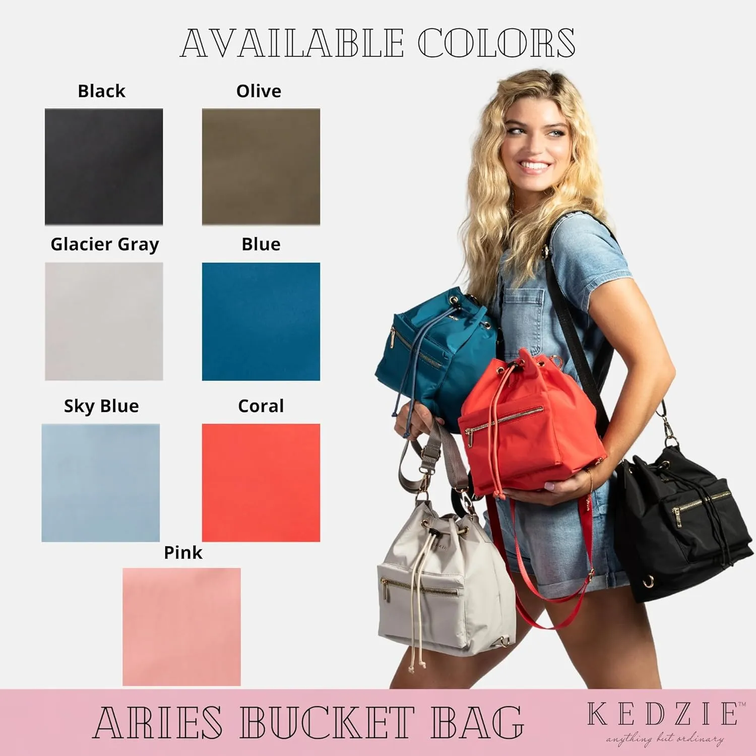 KEDZIE Aries Convertible Bucket Bag 3-Way Backpack Crossbody Strap Purse for Women