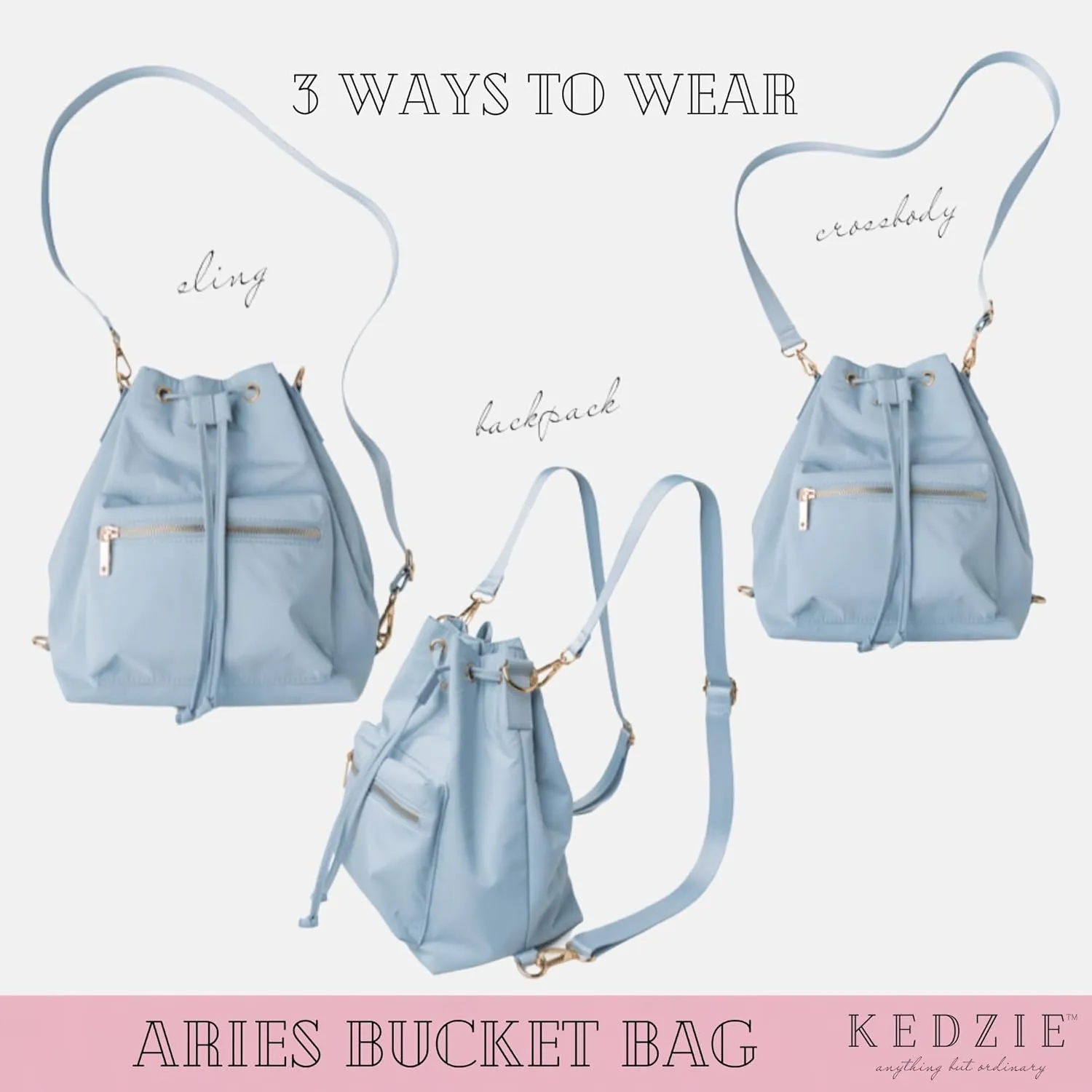 KEDZIE Aries Convertible Bucket Bag 3-Way Backpack Crossbody Strap Purse for Women