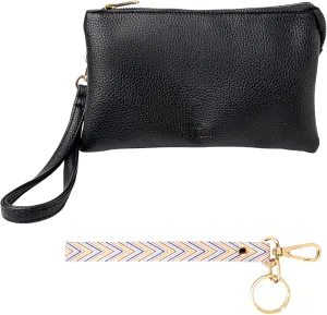 KEDZIE Eclipse Vegan Leather Convertible Purse Wallet Crossbody Bag (Black) & Eclipse Vegan Leather Mix & Match Wristlet Strap (Golden Girl)