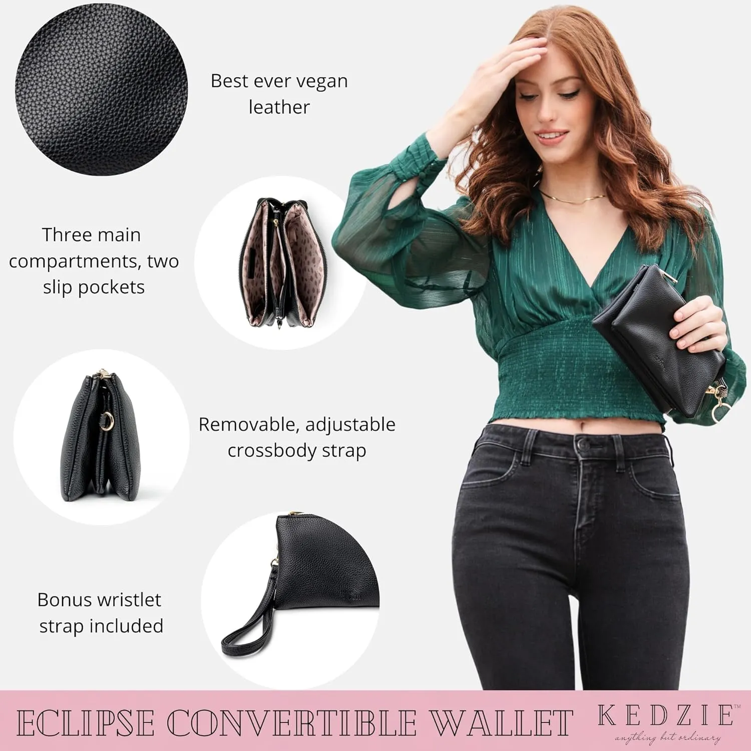 KEDZIE Eclipse Vegan Leather Convertible Purse Wallet Crossbody Bag for Women