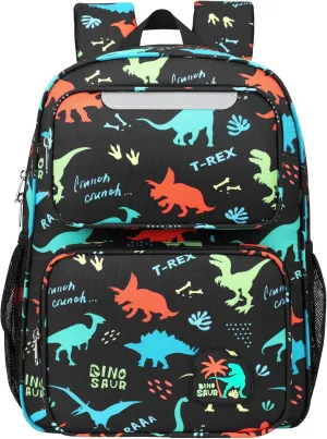 Kids Backpack for Boys - 15 Inch Dinosaur Backpack for Kids Ages 3 to 8, School Bookbag for Preschool Kindergarten Elementary 1st 2nd Grade, Insulated Pocket, Reflective Stripe, Black