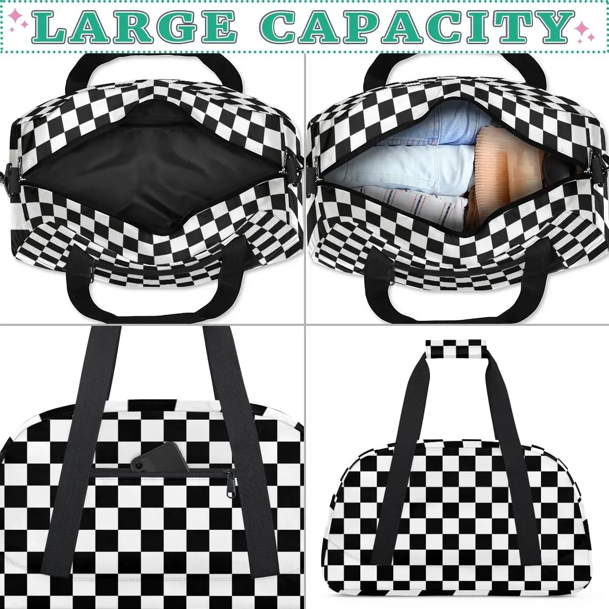 Kids Overnighter Duffel Bags for Boys Girls, Checkerboard Carry-On Size Sports Gym Bag for School Practice or Overnight Travel Weekender Sleepover Tote Bag