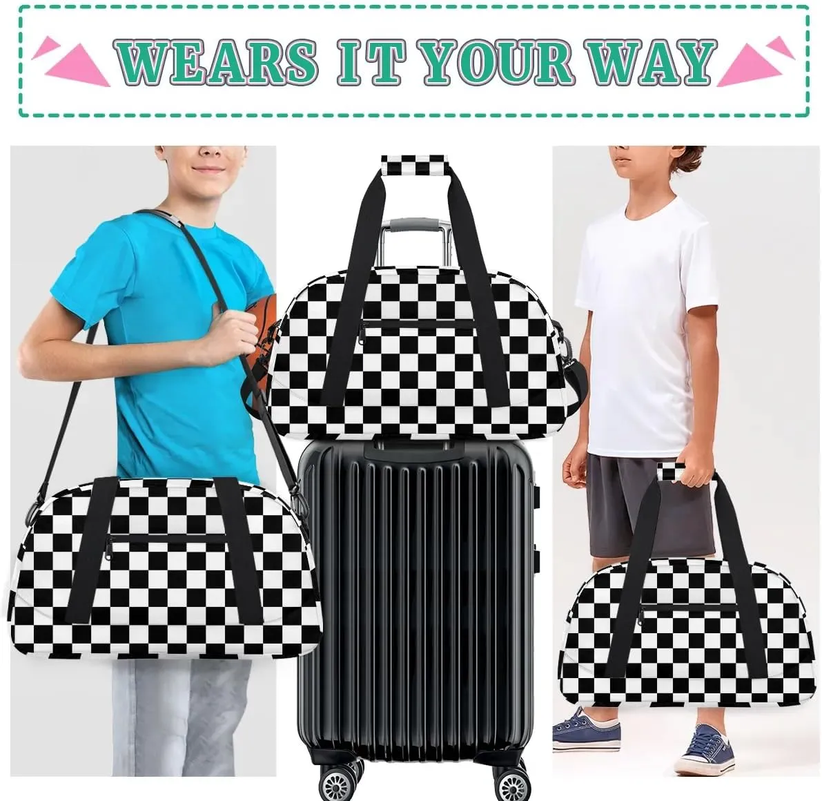 Kids Overnighter Duffel Bags for Boys Girls, Checkerboard Carry-On Size Sports Gym Bag for School Practice or Overnight Travel Weekender Sleepover Tote Bag