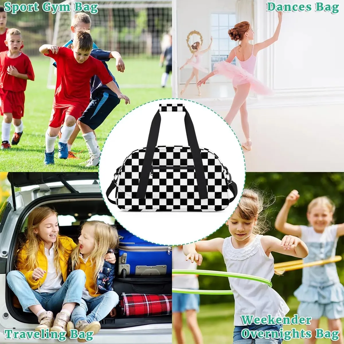 Kids Overnighter Duffel Bags for Boys Girls, Checkerboard Carry-On Size Sports Gym Bag for School Practice or Overnight Travel Weekender Sleepover Tote Bag