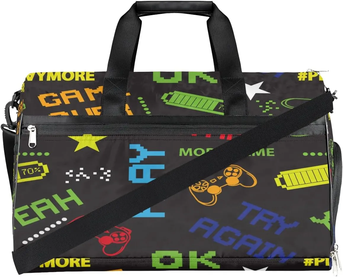 Kids Overnighter Duffel Bags for Boys Girls, Game Joysticks Carry-On Size Sports Gym Bag with Shoe Compartments for School Practice or Overnight Travel Weekender Sleepover Tote Bag