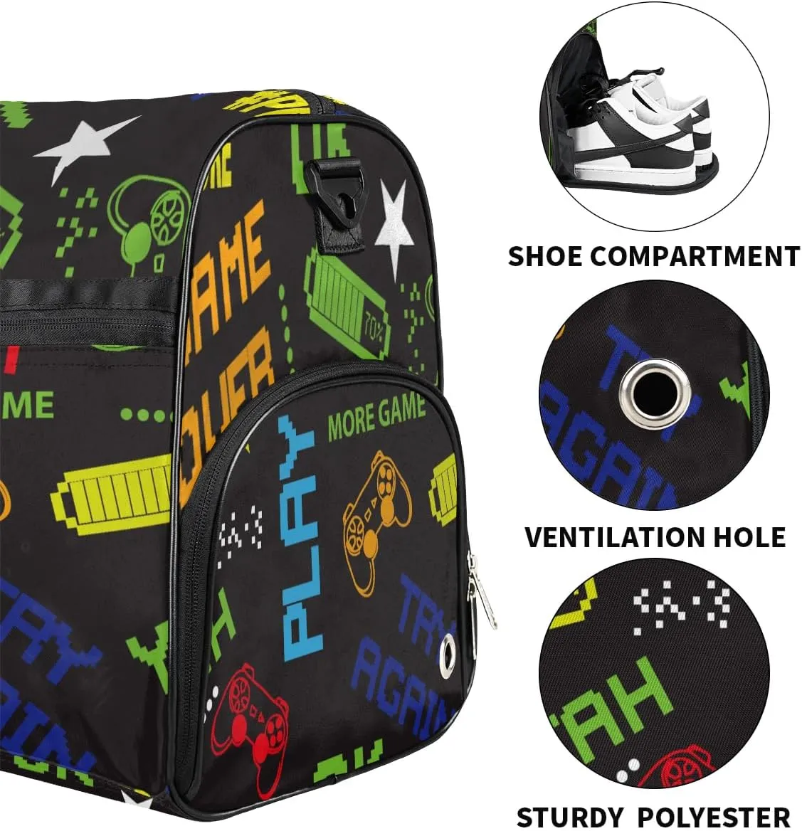 Kids Overnighter Duffel Bags for Boys Girls, Game Joysticks Carry-On Size Sports Gym Bag with Shoe Compartments for School Practice or Overnight Travel Weekender Sleepover Tote Bag