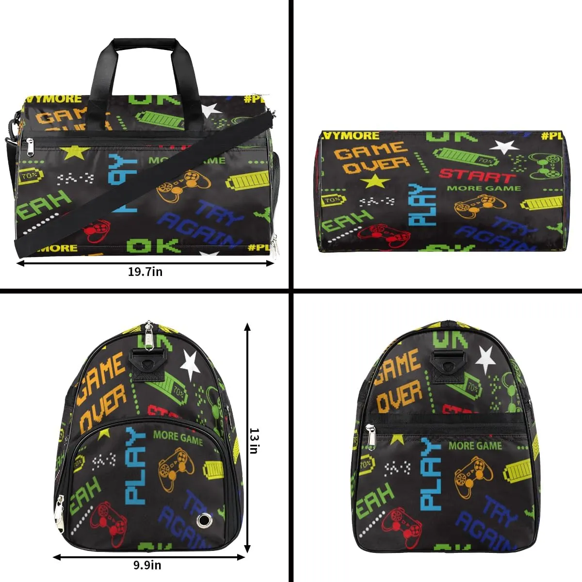 Kids Overnighter Duffel Bags for Boys Girls, Game Joysticks Carry-On Size Sports Gym Bag with Shoe Compartments for School Practice or Overnight Travel Weekender Sleepover Tote Bag