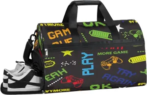 Kids Overnighter Duffel Bags for Boys Girls, Game Joysticks Carry-On Size Sports Gym Bag with Shoe Compartments for School Practice or Overnight Travel Weekender Sleepover Tote Bag