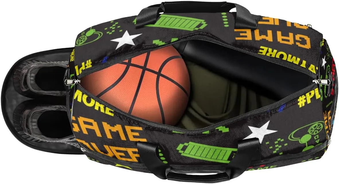 Kids Overnighter Duffel Bags for Boys Girls, Game Joysticks Carry-On Size Sports Gym Bag with Shoe Compartments for School Practice or Overnight Travel Weekender Sleepover Tote Bag