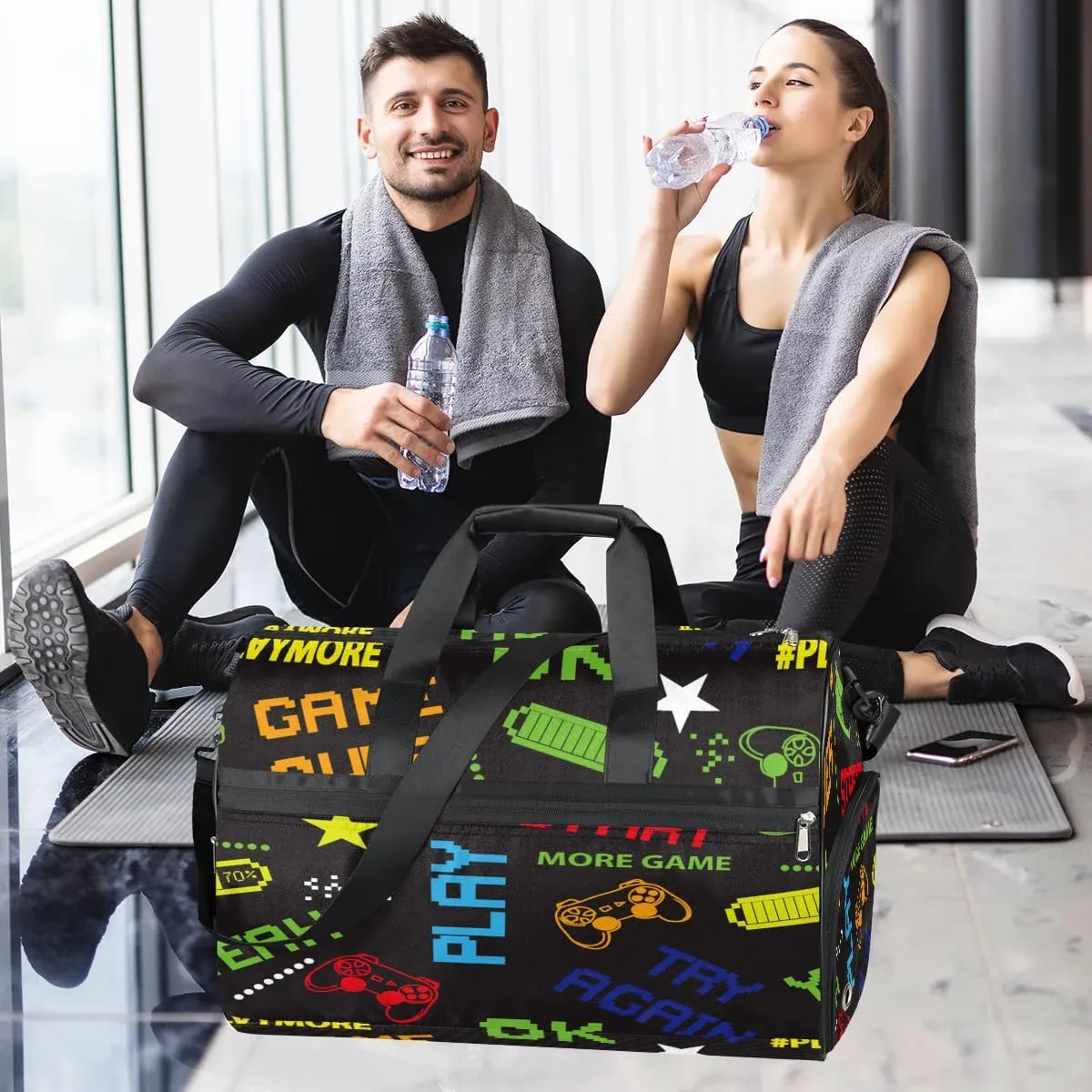 Kids Overnighter Duffel Bags for Boys Girls, Game Joysticks Carry-On Size Sports Gym Bag with Shoe Compartments for School Practice or Overnight Travel Weekender Sleepover Tote Bag