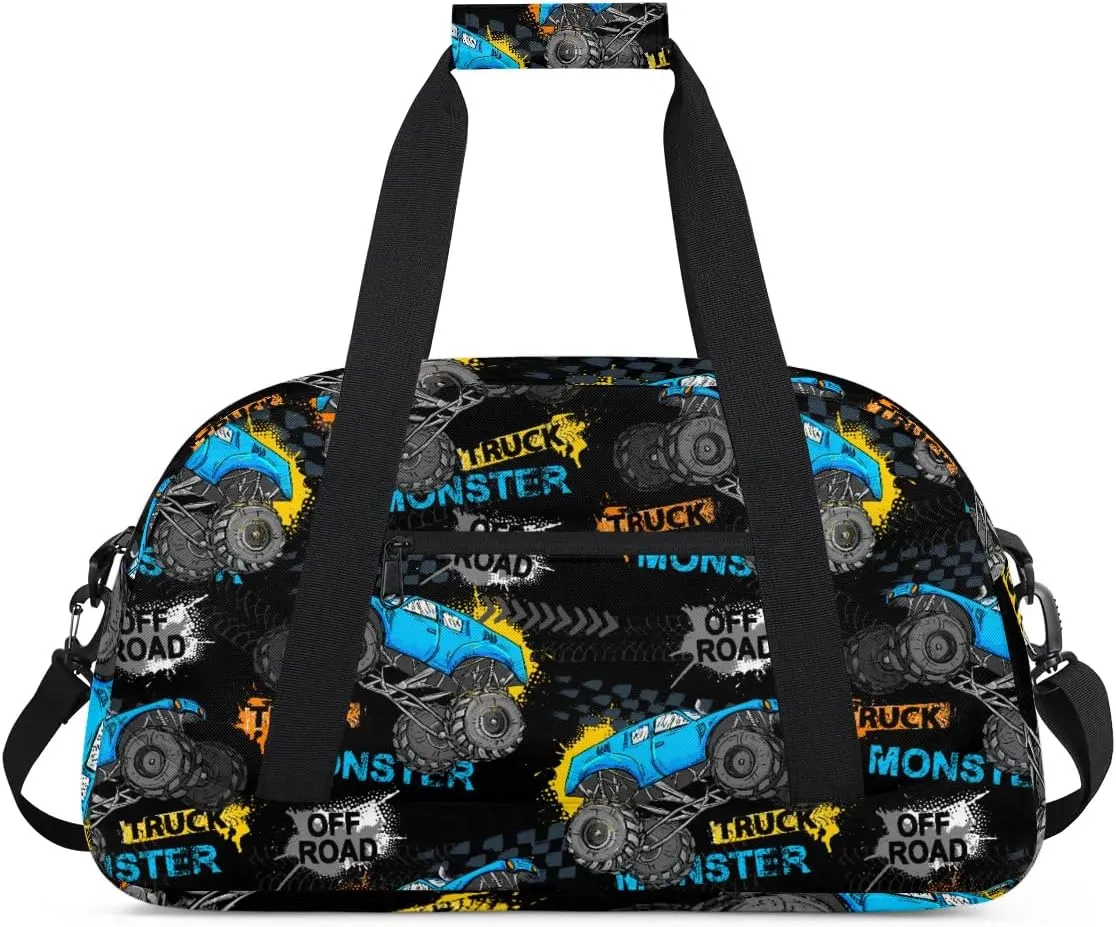 Kids Overnighter Duffel Bags for Boys Girls, Monster Blue Trucks Carry-On Size Sports Gym Bag for School Practice or Overnight Travel Weekender Sleepover Tote Bag