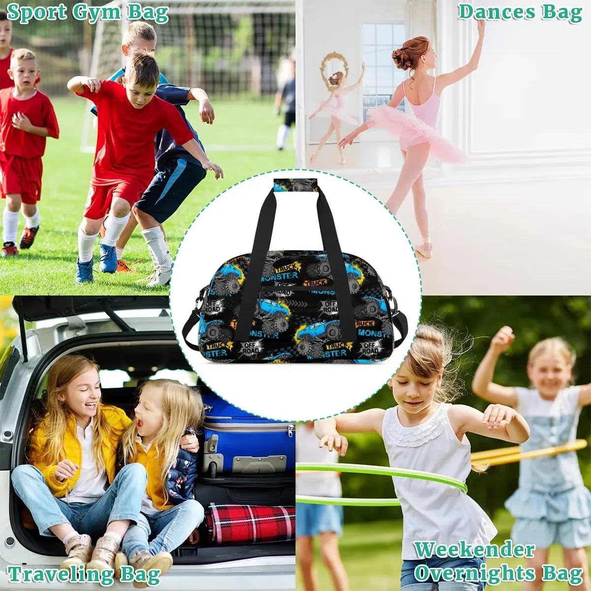 Kids Overnighter Duffel Bags for Boys Girls, Monster Blue Trucks Carry-On Size Sports Gym Bag for School Practice or Overnight Travel Weekender Sleepover Tote Bag