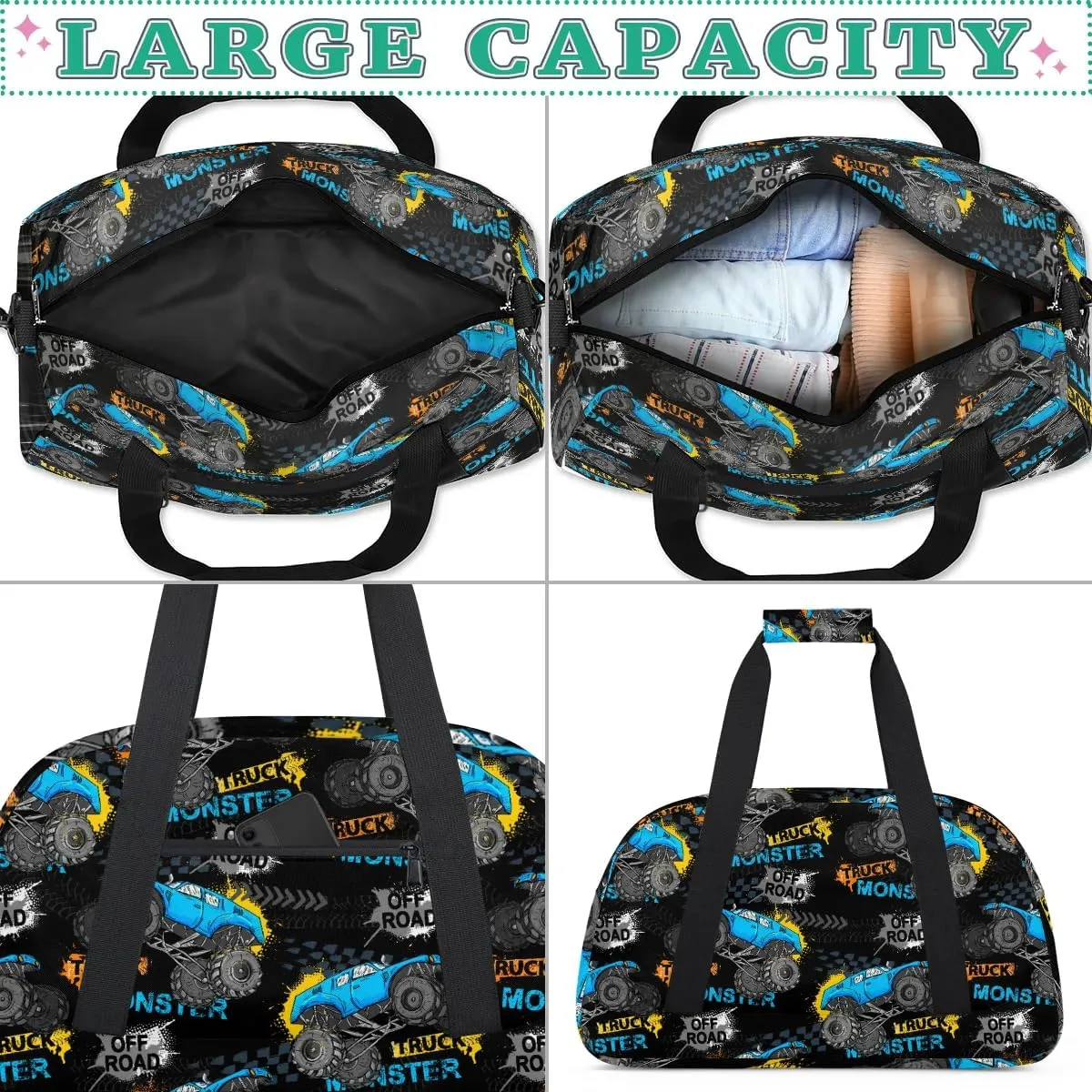 Kids Overnighter Duffel Bags for Boys Girls, Monster Blue Trucks Carry-On Size Sports Gym Bag for School Practice or Overnight Travel Weekender Sleepover Tote Bag