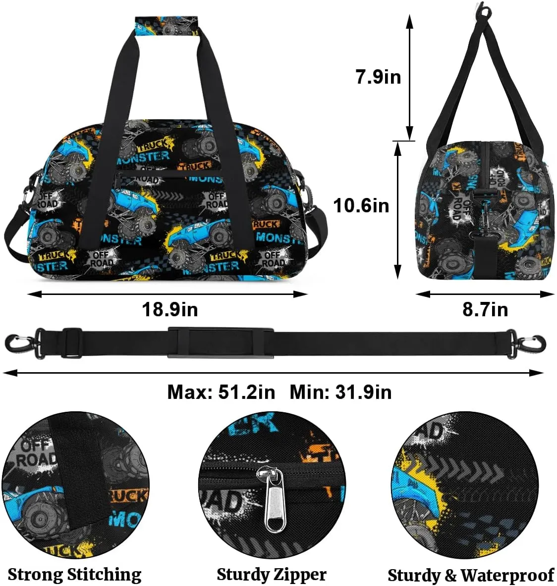 Kids Overnighter Duffel Bags for Boys Girls, Monster Blue Trucks Carry-On Size Sports Gym Bag for School Practice or Overnight Travel Weekender Sleepover Tote Bag