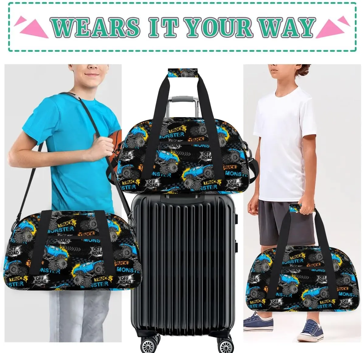 Kids Overnighter Duffel Bags for Boys Girls, Monster Blue Trucks Carry-On Size Sports Gym Bag for School Practice or Overnight Travel Weekender Sleepover Tote Bag
