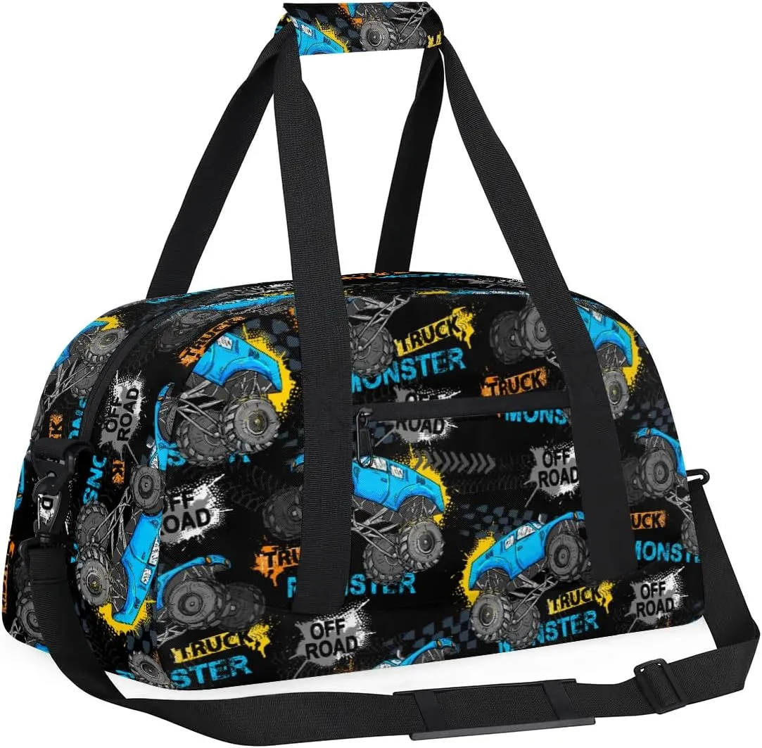 Kids Overnighter Duffel Bags for Boys Girls, Monster Blue Trucks Carry-On Size Sports Gym Bag for School Practice or Overnight Travel Weekender Sleepover Tote Bag