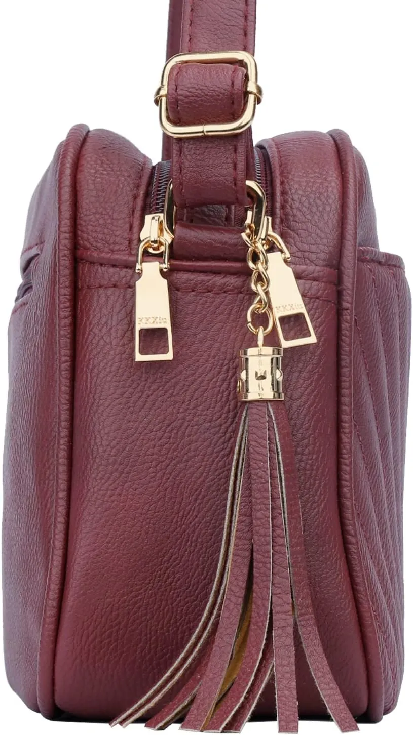 KKXIU Quilted Double Compartment Multiple Pocket Crossbody Bag for Women and Teen Girls Stylish Shoulder Purse with Tassel