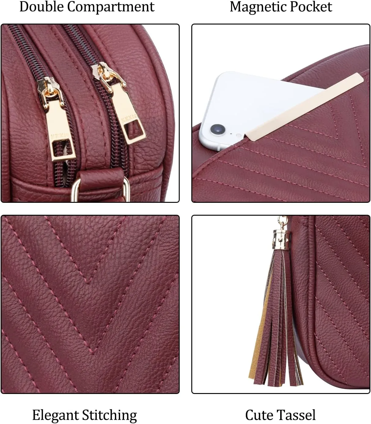 KKXIU Quilted Double Compartment Multiple Pocket Crossbody Bag for Women and Teen Girls Stylish Shoulder Purse with Tassel