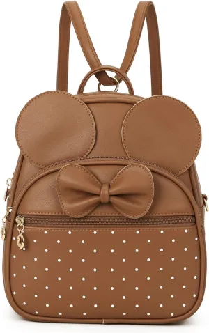 KL928 Girls Mini Backpack Bowknot Polka Dot Cute Daypacks Convertible Shoulder Bag Purse for Women (Brown)