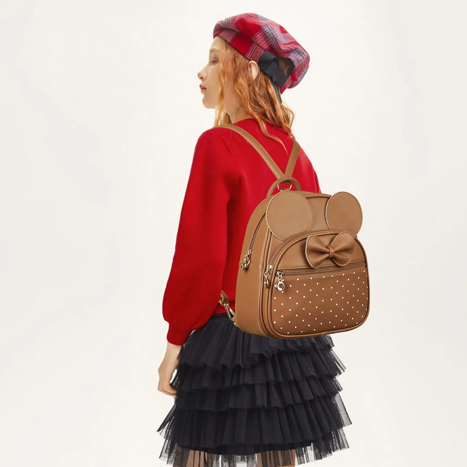 KL928 Girls Mini Backpack Bowknot Polka Dot Cute Daypacks Convertible Shoulder Bag Purse for Women (Brown)