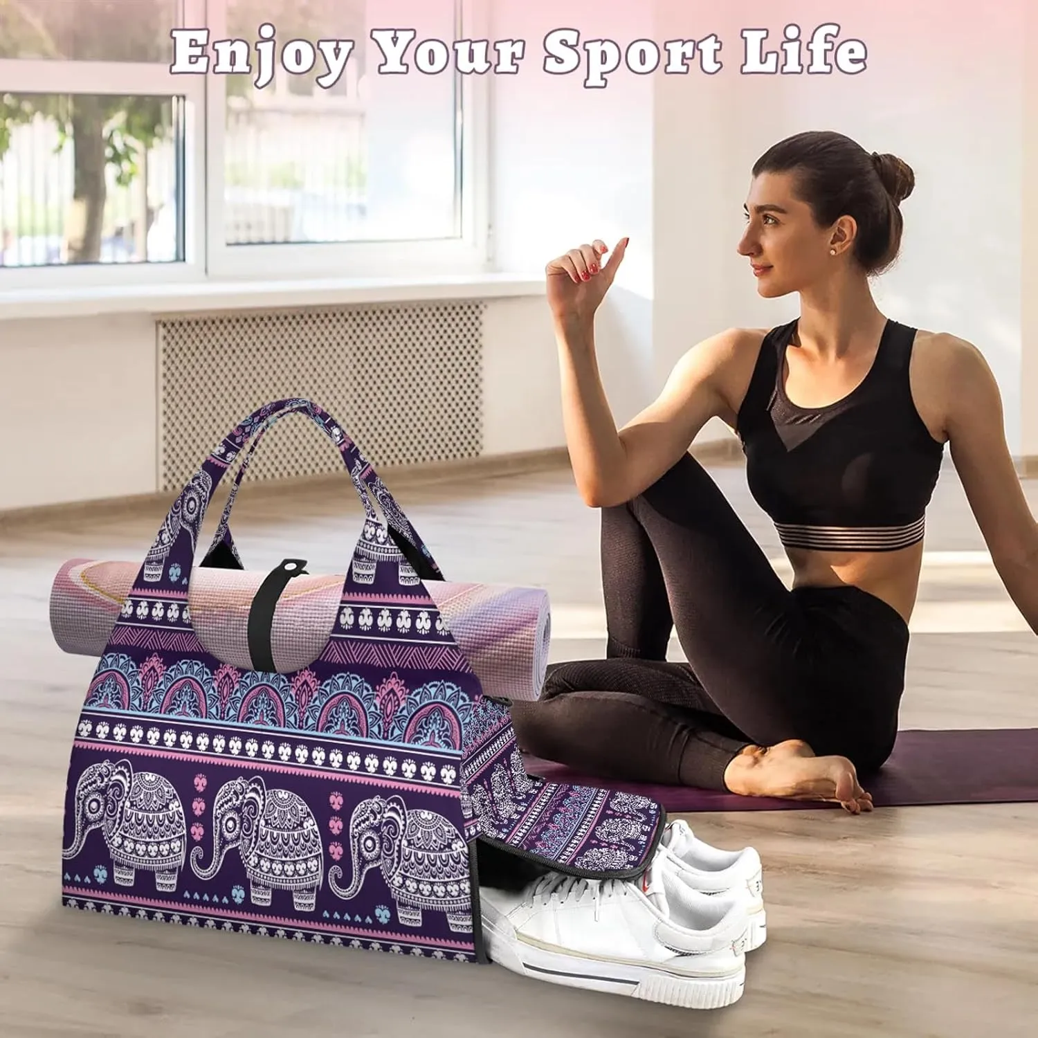 KOBLEN Yoga Gym Bags for Women Duffel Bag with Shoe Compartment and Yoga Mat Portable Weekender Bags for Pilates Travel Offices Workout Beach